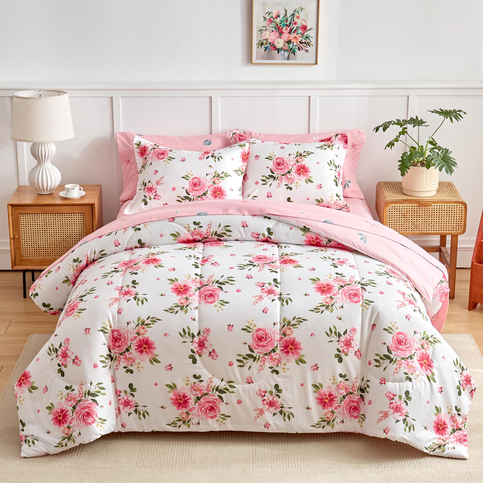 Flower Comforter Sheet Set White Bed In A Bag 6 Pieces Twin Size Dark Pink Floral Microfiber Bedding Set (1 Comforter 2 Pillow S
